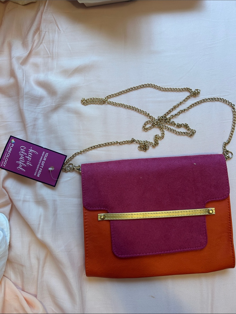 Colorblock Pink & Orange Crossbody Bag with Gold Chain
